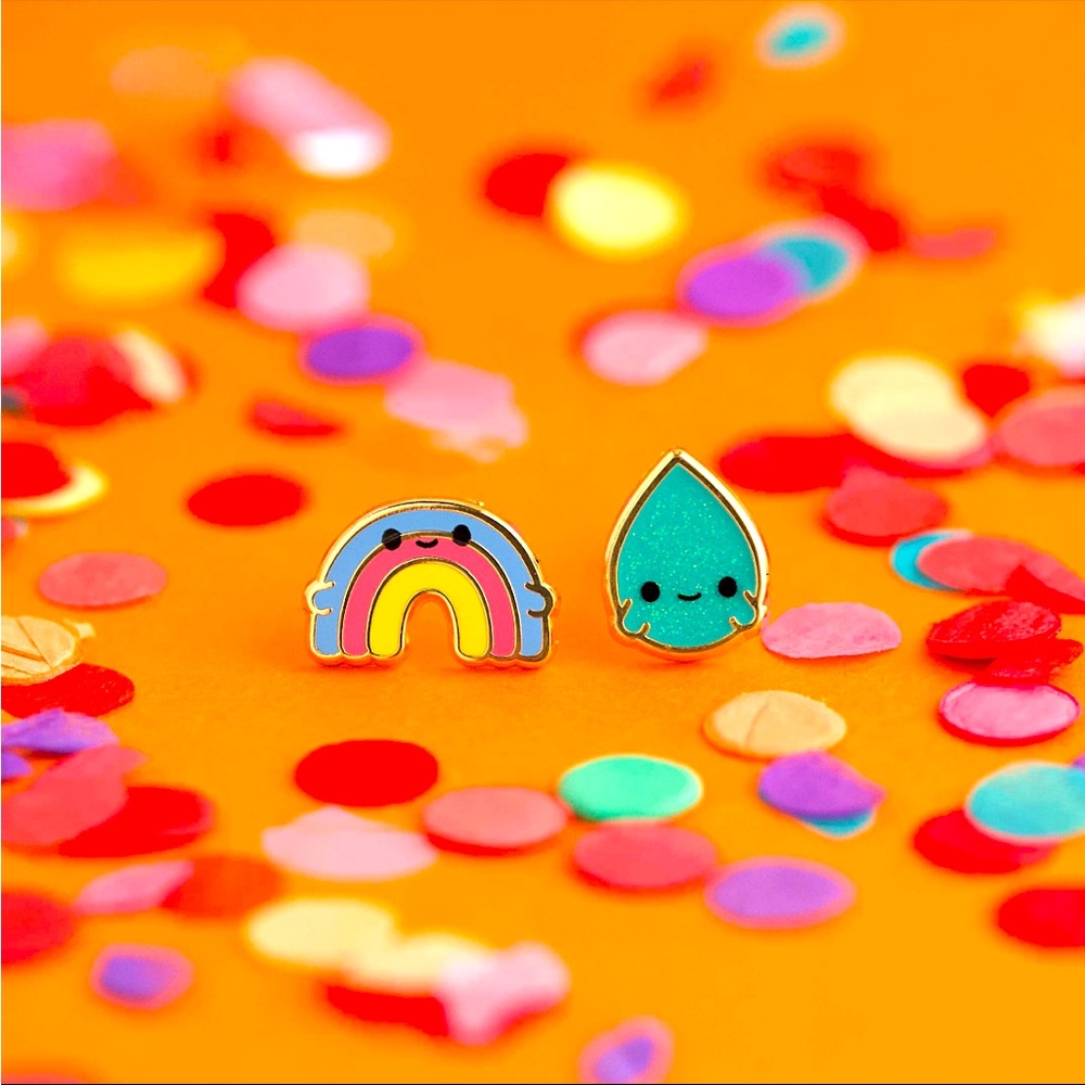 22K Gold Plate Rainbow Smiling Raindrop Cute Kawaii Mismatched Stud Earrings NEW